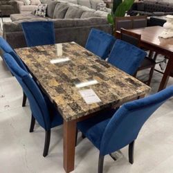 Rectangular Marble Dining Table And 6 Blue Velvet Chairs Set | Special Combination Dining Set 💥 Brand New 💯 Delivery Available 