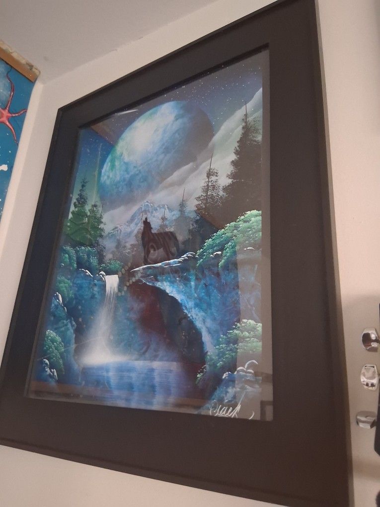 Moon Wolf Pray Paint Print W/Frame