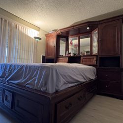 Antique Solid Wood Bed with Large Dresser and Storage Drawers – Gently Used, roughly Queen/King size