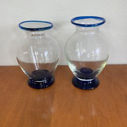 Unique Studio-Art Hand-Blown Cobalt Blue Glass Vases - Murano-style - Set of 2