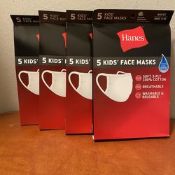 4 Packs of 5 (20 Total) HANES Ages 5-12 ComfortSoft and Breathable 100% Cotton Face Masks.  Brand New in Packages.  Color White  Style KANP05