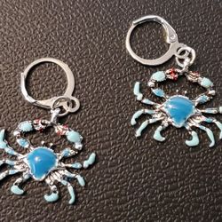 Blue Enamel Crab Lever Back Pierced Earrings 