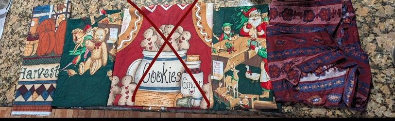Lot of 4 Fabric Aprons – Fall and Christmas Designs – New ($12).