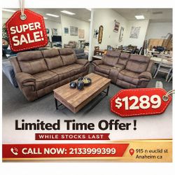 brown leatherette 2 piece reclining sofa and loveseat set 