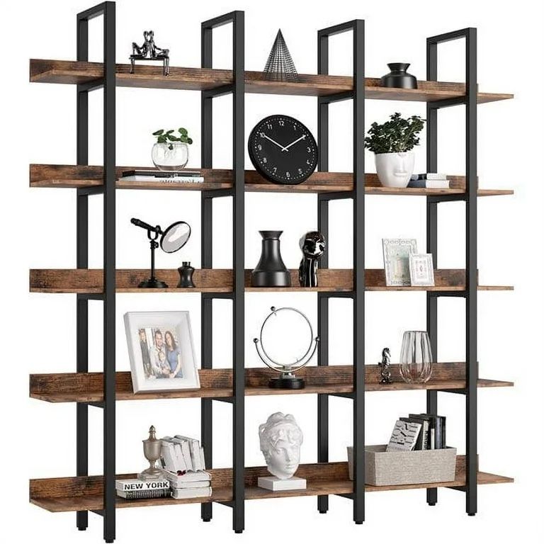 Triple Wide 5 Tiers Large Open Shelves, Etagere Bookcases with Back Fence for Home Office Decor, Easy Assembly, Vintage Brown