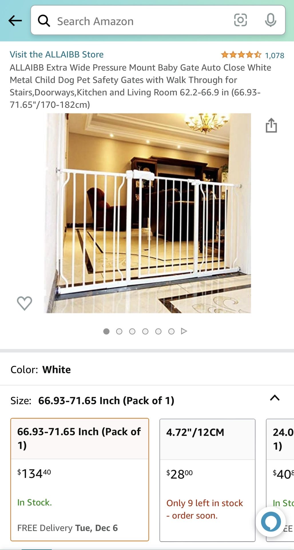 Extra Wide Pressure Mount Baby Gate Auto Close White Metal Child Dog Pet Safety Gates with Walk Through for Stairs,Doorways,Kitchen and Living Room 