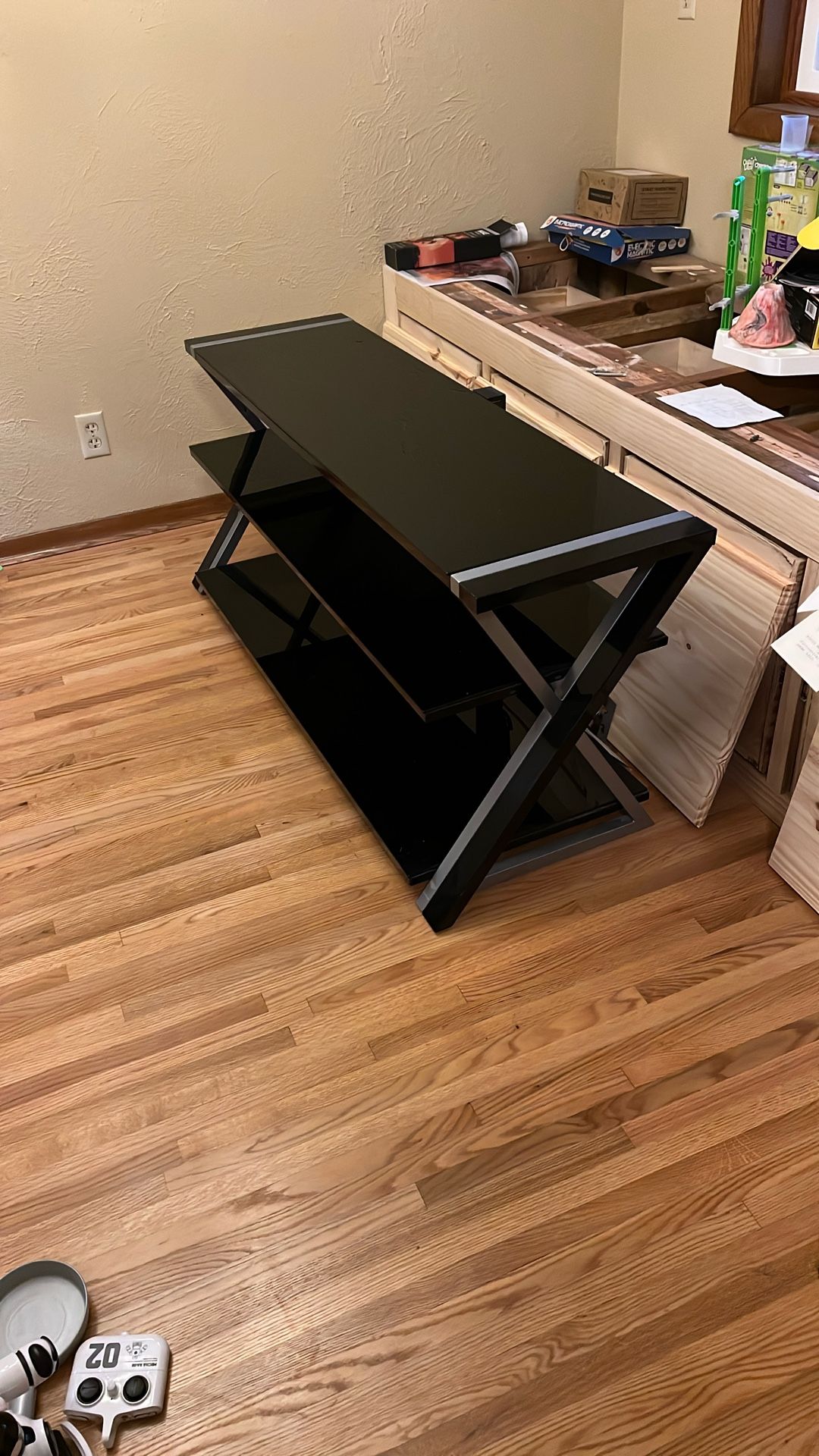 Black Glass TV Stand With Silver Inlays