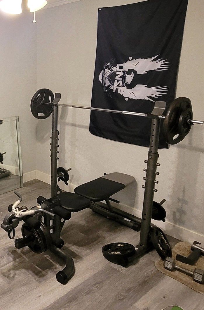Olympic Gym Set Bench Weights & Elliptical Machine