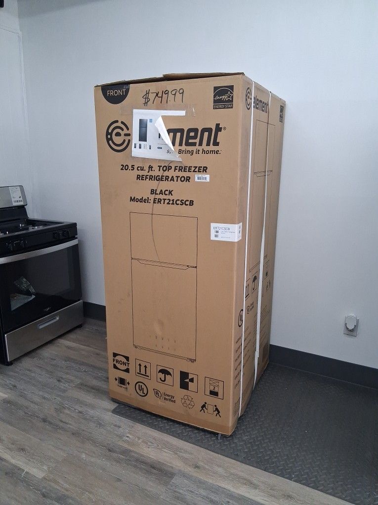 Element brand new in the box energy efficient twenty point five cubic foot top freezer refrigerator black two year warrant