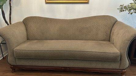 Traditional Olive/Sage Green Sofa with Carved Wood Trim – Excellent Condition