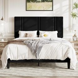 Queen Platform Bed Frame with Adjustable Headboard, Plush Velvet Upholstered, Vertical Channel Tufted, Sturdy Wooden Slats, No Box Spring Needed, Easy