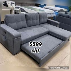 95"W Gray Woven Fabric Reversible Sleeper Sectional Sofa with Storage Chaise Cup Holder Charging Ports and Pockets