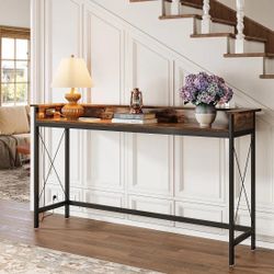 Industrial Console Table, 70.9" Sofa Table With Outlets And USB Ports. Rustic Brown