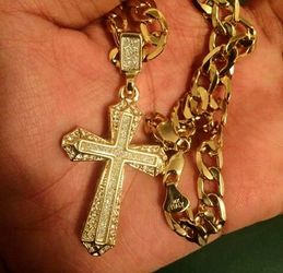 14k Gold Plated Large Cuban Link Chain (30 inch) W/ Swarovski Cross "14k Italy" is also stamped on the clasp....