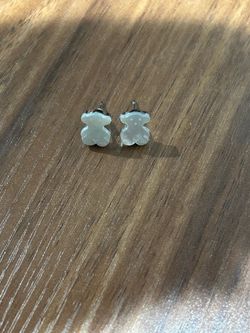 Tous Signed Teddy Bear Stud Earrings White & Silver Tone Metal Butterfly Back
