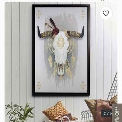 Southwest Cow Bull Framed Canvas 38x 26 Inches