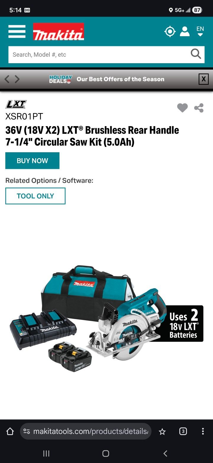 Makita Cordless Rear Handle Saw And 2 Batteries And Fast Charger