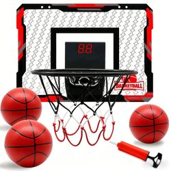 Over The Door Mini Basketball Hoop Set with Electronic Scoreboard & Sound, Indoor Wall-Mounted Goal for Kids & Adults, Bedroom & Office Play