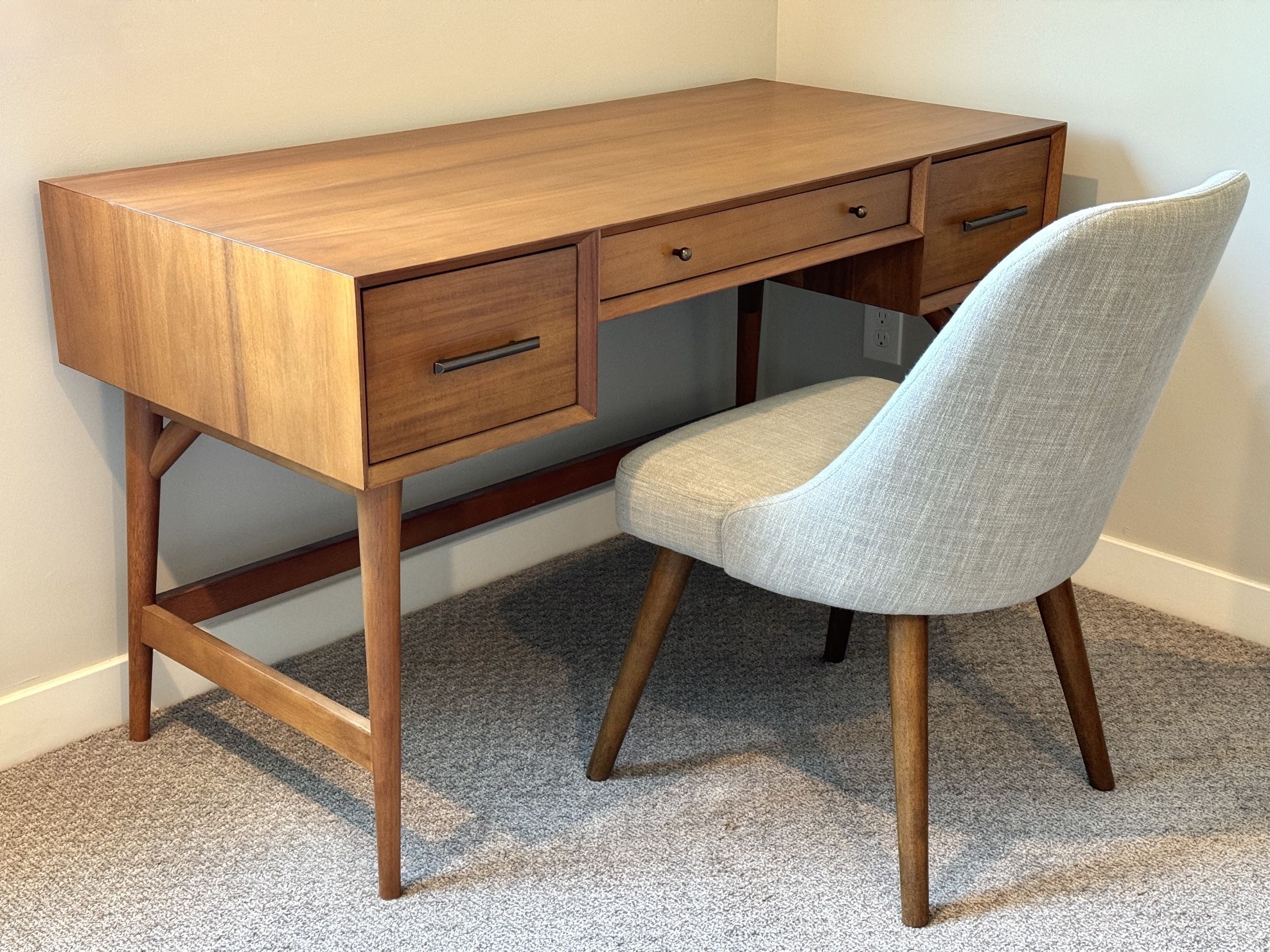 West Elm Mid-Century 52” Desk & Upholstered Chair - Solid Kiln-Dried Eucalyptus Wood