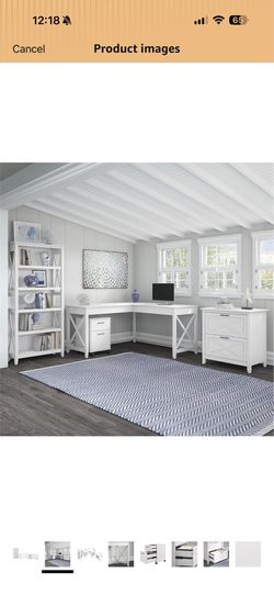 60W L Shaped Desk with File Cabinet and 5 Shelf Bookcase in Pure White Oak