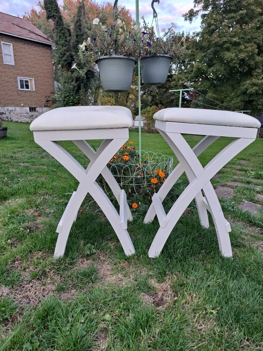 Two Milk White Stools with Faux Leather Padded Seats