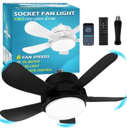 Socket Fan Light With Remote, Screw Ceiling Fans with Lights, 5 Reversible Blades, Quiet 6-Speed DC Motor, Dimmable Socket Fan for Garage Bathroom Kit