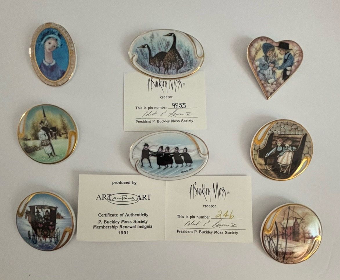 VTG - LOT of 8- P. Buckley Moss Society porcelain brooch’s/pins