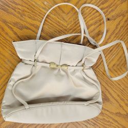 Vintage Miss Lewis Satin Evening Shoulder Bag In A Light Beige Gathered Pouch Shape. New Open Box