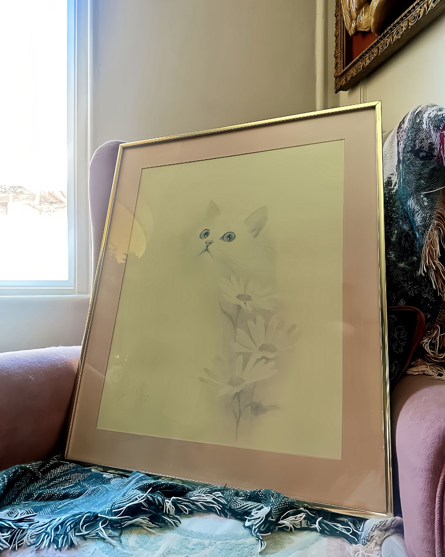 Vintage Large Framed Cat Art