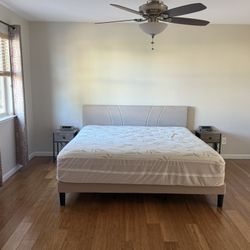 King Platform Bed Frame, Beige 