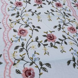 Vintage Full Size Bed Afghan Type Blanket - Floral In White And Pink