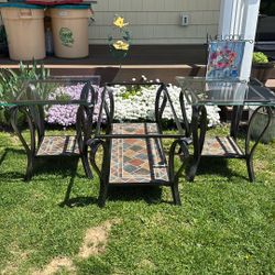 BEAUTIFUL STONE, WROUGHT IRON & GLASS COFFEE TABLE & (2) END TABLES (Coffee Table Glass Is Included - Wrapped Safely In Cardboard)