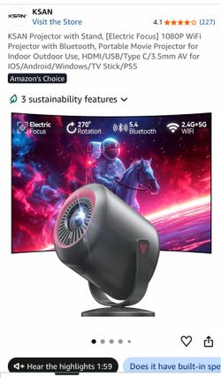KSAN Projector with Stand, [Electric Focus] 1080P WiFi Projector with Bluetooth, Portable Movie Projector for Indoor Outdoor Use, HDMI/USB/Type C/3.5m