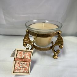 NWT Vintage Claire Burke Peaches & Dreams Scented Candle And Ornate Stand Regency Art Deco