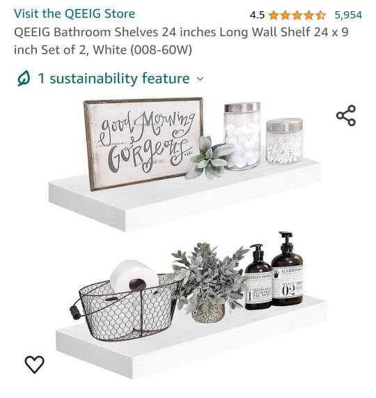 QEEIG Bathroom Shelves 24 inches Long Wall Shelf 24 x 9 inch Set of 2, White (008-60W)


