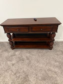 Dark Wood Console Table with Drawers and Shelves
