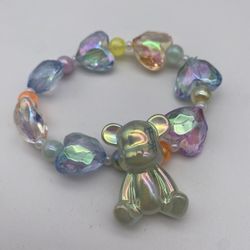Iridescent heart pearls and teddy bear charm bracelet
