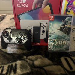 Nintendo Switch OLED White Model W Pro Controller And TotK