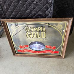 Vintage OLYMPIA GOLD Beer Advertising Mirror Wood Framed