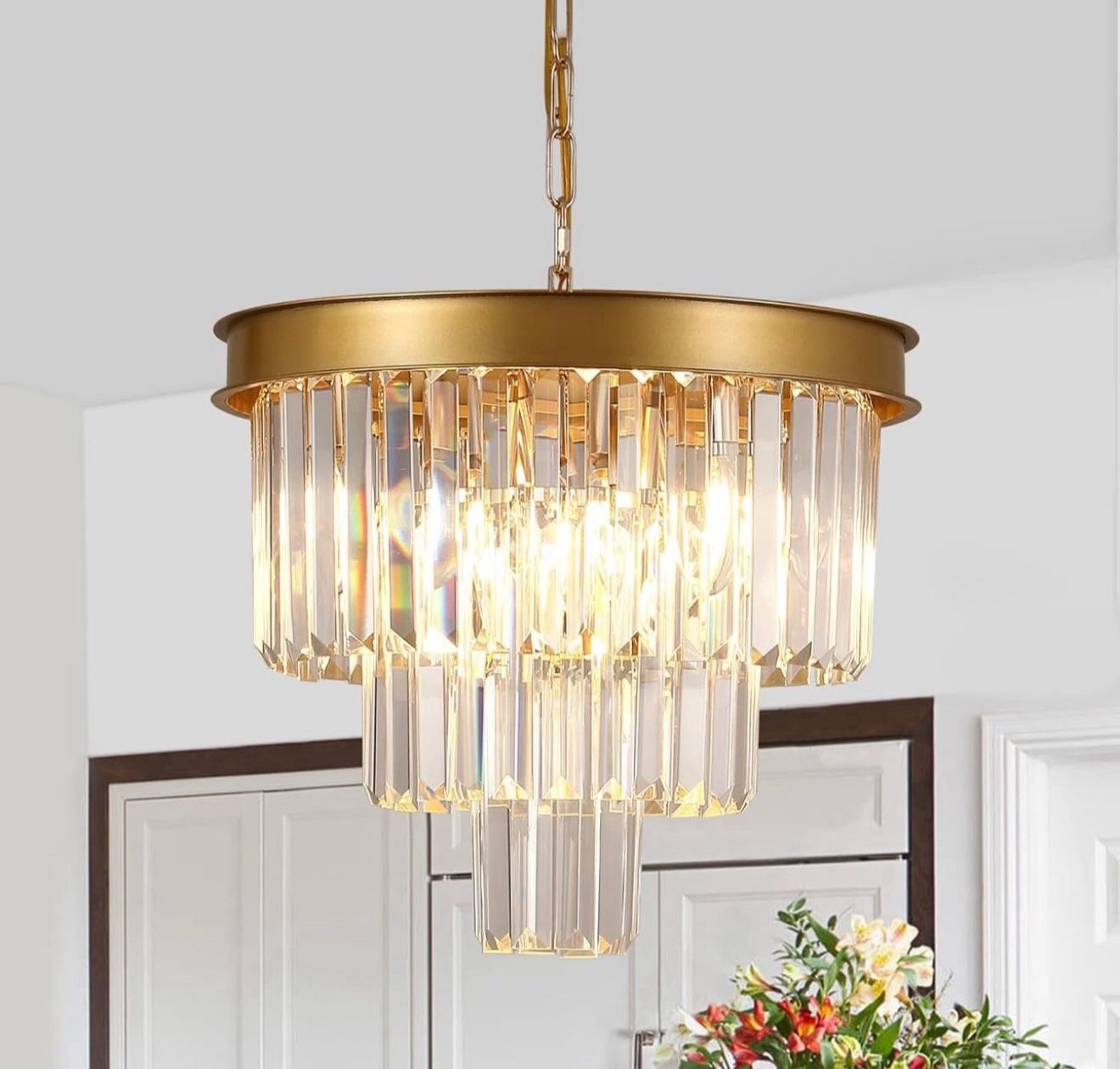 AXILIXI Gold Crystal Chandeliers 16” Modern Ceiling Pendant Light Fixture for Dining Room Dimmable Small Flush Mount Chandeliers Round for Foyer Kitch