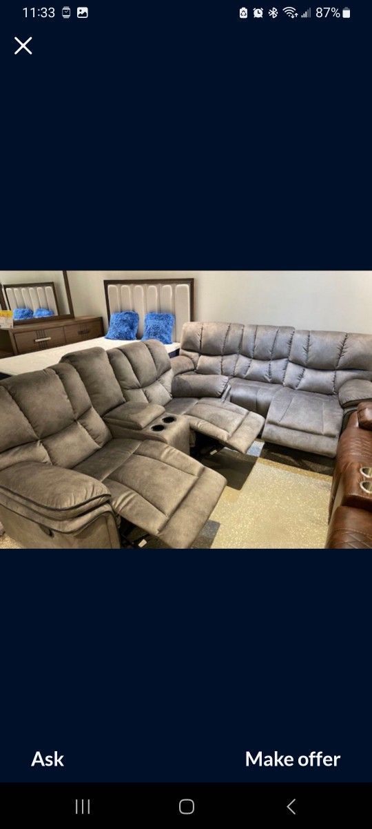 *Memorial Day Now* Barcelona Gray Fabric Reclining 3 Piece Living Room Sets Now $1299 No Credit Needed Financing Available