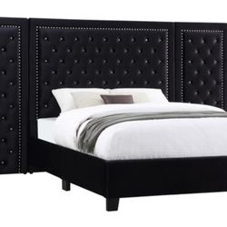 Soft Black Velvet Platform Bed Frame With Tall Headboard 