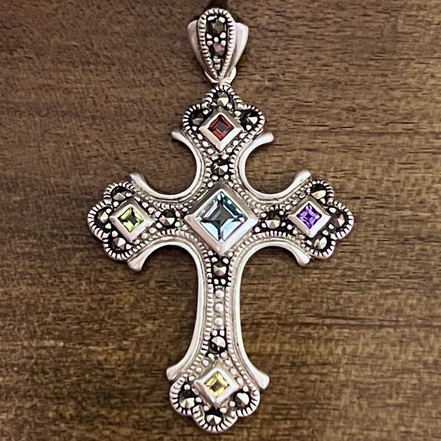 Multi Gemstone Marcasite Cross Pendant for Necklace Sterling Silver 925