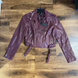 Brand New Woman’s Romeo+Juliet brand Red Wine colored Leather Moto Jacket Up For Sale
