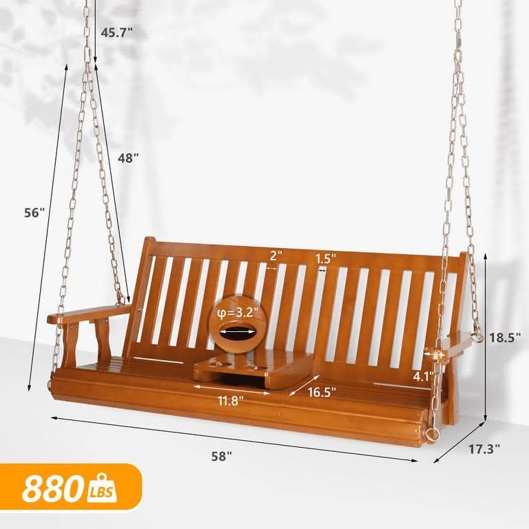 NEW - VINGLI 880 lbs 5 ft Patio Wooden Porch Swing with Cup Holder for Outdoors, Brown