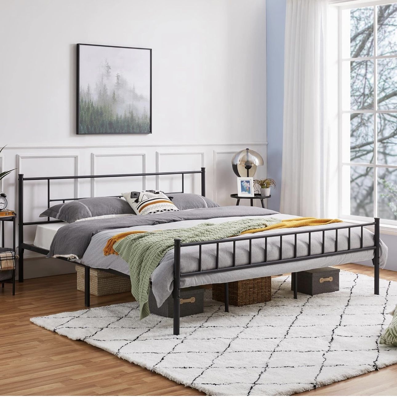 King Size Metal Bed Frame with Headboard and Footboard Platform Bed Frame with Storage No Box Spring Needed Mattress Foundation for Adults Black Furniture