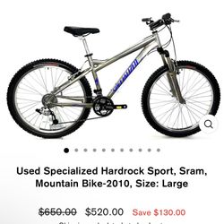 Used Specialized Hardrock Sport, Sram, Mountain Bike-2010, Size: Large