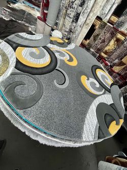 Round Area Rug Gray Black Yellow Swirl Pattern