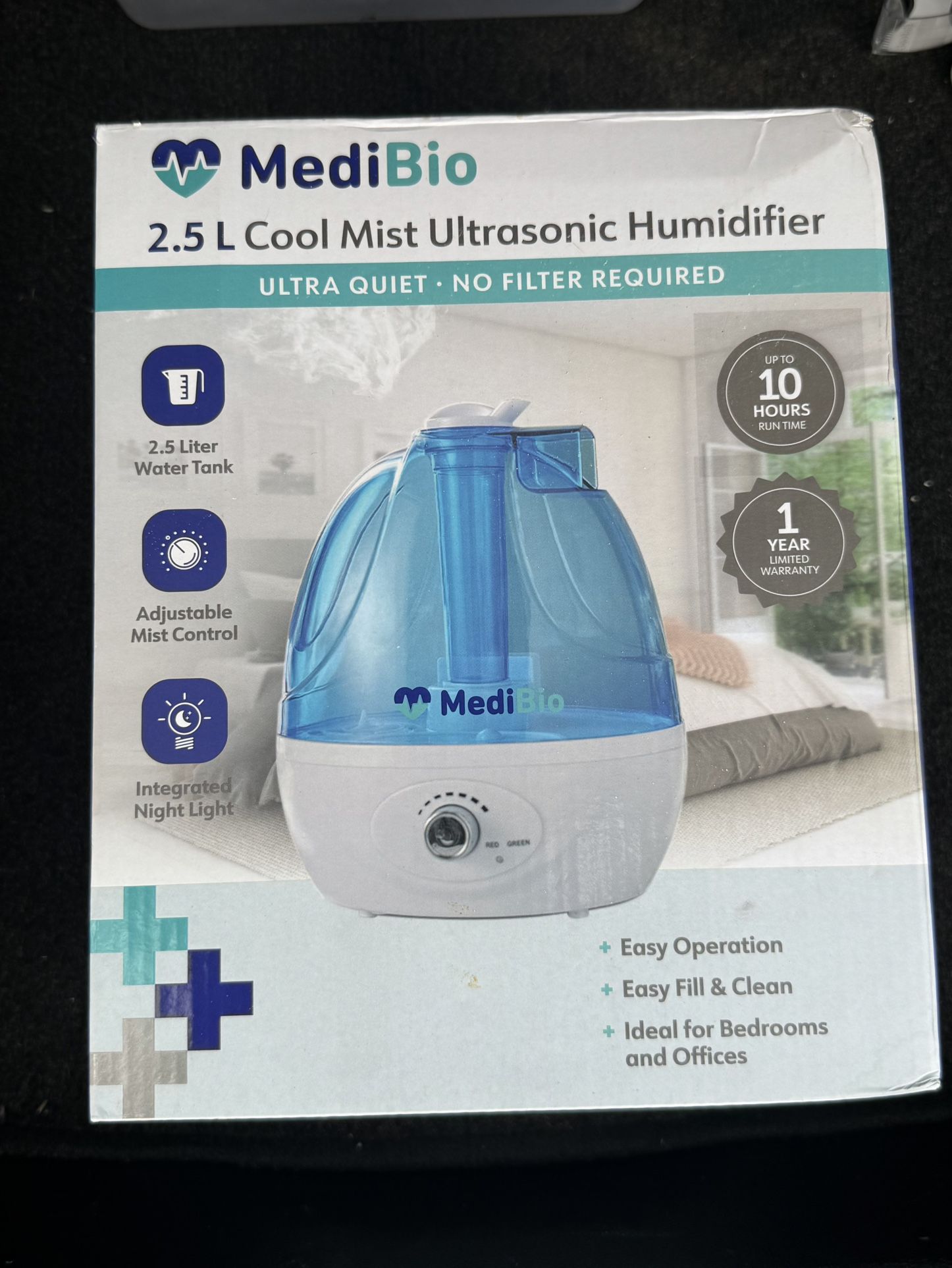 NEW MediBio 2.5L Cool Mist Ultrasonic Humidifier  No Filter Required