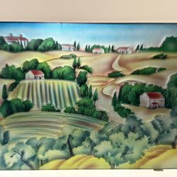 Beautiful Deep Carved Glass Panel Of A European Landscape 36x24